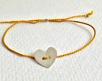 Yellow Gold silk thread bracelet with Sterling Silver heart - adjustable