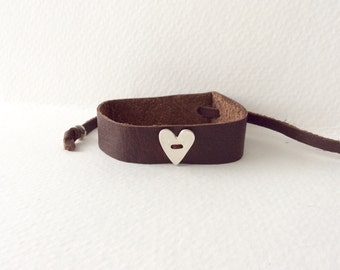 Sterling silver heart and Leather strap bracelet adjustable