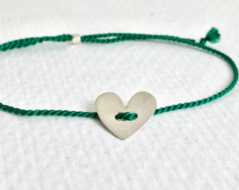 Green silk thread bracelet with Sterling Silver heart - adjustable