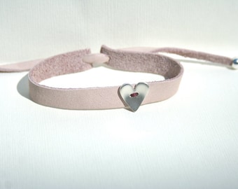 Sterling Silver Heart and pink Leather Strap Bracelet