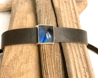 Labradorite Sterling Silver Leather Bracelet