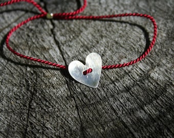 Red silk thread bracelet with  Sterling Silver heart - adjustable