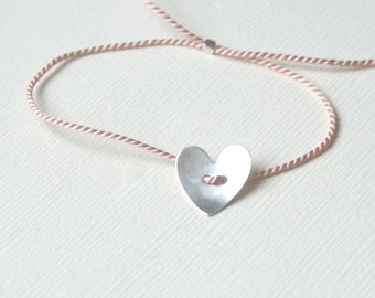 PInk silk thread bracelet with Sterling Silver heart - adjustable