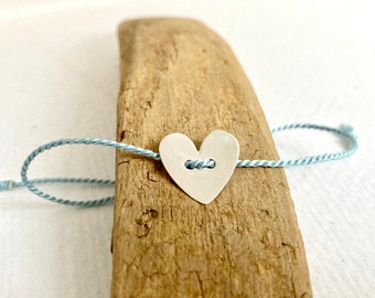 Turquoise blue silk thread bracelet with Sterling Silver heart - adjustable