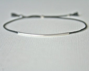 Black thread Bracelet with Sterling Silver tube - adjustable