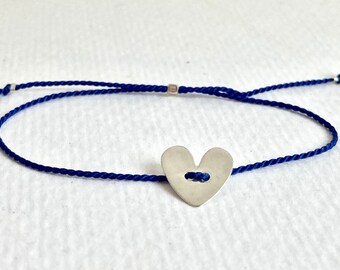 Blue silk thread bracelet with brushed Sterling Silver heart - adjustable