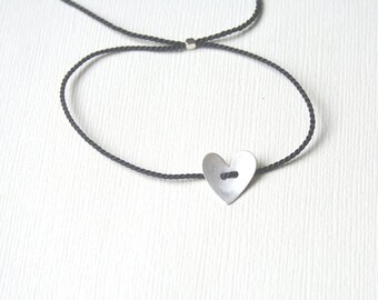 Black silk thread bracelet with Sterling Silver heart - adjustable