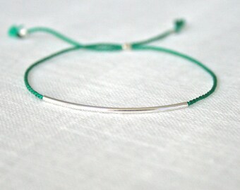 Green thread Bracelet with Sterling Silver tube - adjustable