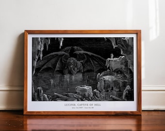Gustave Dore Dante Inferno Print, Lucifer Captive of Hell, Divine Comedy Poster, Classical Art, Dark Academia Decor, Antique Engraving