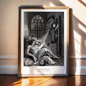 Frankenstein-tryck, Mary Shelley-konst, gotisk väggkonst, mörk akademisk dekor, den moderna Prometheus, makaber affisch, klassisk skräck, 1831