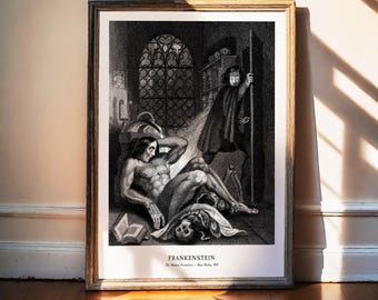 Frankenstein-tryck, Mary Shelley-konst, gotisk väggkonst, mörk akademisk dekor, den moderna Prometheus, makaber affisch, klassisk skräck, 1831