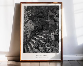 Gustave Dore-tryck Den hemsökta trappan, L'Escalier Hauté, gotisk dekor, ormar och ugglor, kuslig konst, mörk akademi, viktorianska kuriositeter, 1863