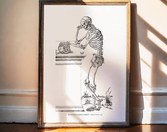 Andreas Vesalius-tryck, Det tänkande skelettet, Memento Mori, Människoskalle, Vanitaskonst, Kontemplativ pose, Gotisk heminredningsfilosofi 1543