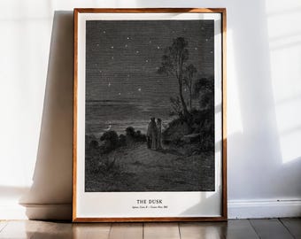 Gustave Dore Inferno Print, Dante Divine Comedy Canto II, The Dusk Engraving, Antique Starry Night Decor, Dark Academia Wall Art, 1861