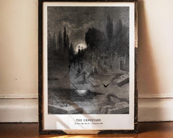 Korpentryck, Edgar Allan Poe, Kyrkogården, Gustave Dore, Gotisk Kyrkogårdskonst, Mörk Akademisk Dekor, Makaber Affisch, Kråkonst, 1883