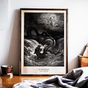 Stampa del Leviatano di Gustave Dore, Mostro marino, Serpente biblico, Dark Academia, Tempesta oceanica, Mitologia, Incisione antica, 1866
