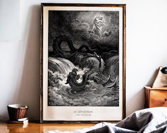 Gustave Dore Leviathan-tryck, havsmonsterkonst, biblisk orm, mörk akademi, havsstorm, mytologi, antik gravyr, 1866