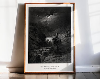 Gustave Dore Guinevere Print, King Arthur Art, Moonlight Ride Poster, Gothic Landscape Engraving, Idylls of the King, Dark Academia