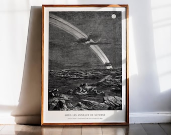 Saturnustryck, Camille Flammarion, Vintageastronomi, Konst med Saturnusringar, Himmelsk väggkonst, Mörk Akademisk dekor, Rymdgravyr, 1884