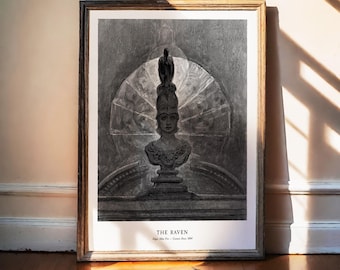 Korpen-tryck, Edgar Allan Poe-konst, Gustave Dore, gotisk väggkonst, mörk akademisk dekor, makaber affisch, kråka-väggkonst, litterärt tryck 1883