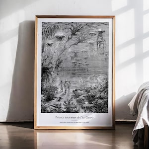 Peut inclure: Impression encadrée en noir et blanc d'une scène sous-marine avec des méduses et des personnages. L'œuvre présente des illustrations détaillées de la vie marine et une esthétique vintage. Le texte en bas indique "Paysage Sous-Marin de l'Ile Crespo".