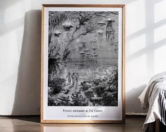 May include: Black and white framed print of an underwater scene with jellyfish and figures. The artwork features detailed illustrations of marine life and a vintage aesthetic. The text at the bottom reads "Paysage Sous-Marin de l'Ile Crespo".