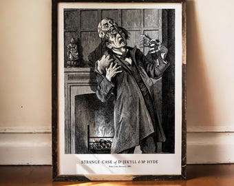 Dr Jekyll och Mr Hyde-tryck, Robert Louis Stevenson, gotisk väggkonst, mörk akademisk dekor, viktoriansk gravyr, makaber affisch, skräckkonst