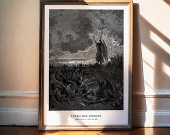 Gustave Dore-tryck, fallna änglar, väggkonst, Paradise Lost, Lucifer Awakening, dekor av Dark Academia, gotisk konst, episk fantasi, Milton, 1866