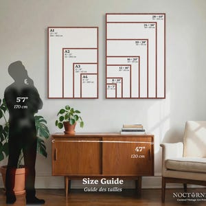 May include: A size guide for vintage art prints, featuring framed prints in various sizes, with measurements in inches and centimeters. The image includes a silhouette of a person, a wooden cabinet, and the text "Size Guide".