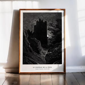 Gustave Doré-Druck, Festung der Angst, Schloss der Angst, Dunkler Turm, Gotische Landschaft, Düstere Kunst, Dark Academia, Silhouettendruck, 1863