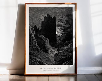 Gustave Doré-tryck, Rädslans fästning, Rädslans slott, Mörkt torn, Gotiskt landskap, Stämningsfull konst, Mörk akademi, Silhuetttryck, 1863