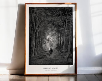 Gustave Dore Sleeping Beauty Print, Gothic Forest Castle, Dark Fairy Tale Art, Antique Engraving, Romantic Decor, Dark Academia, 1862