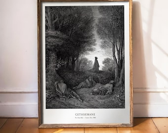 Gustave Dore-tryck, Jesus-väggkonst, Olivberget, Vintage Jesus-tryck, Mörk Academia-dekor, Biblisk gravyr, Kristen konst, 1866