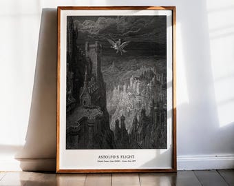 Gustave Dore Hippogriff Print, Orlando Furioso Canto XXXIII, Flying Knight Art, Gothic Castle Engraving, Dark Academia Decor, Epic 1879