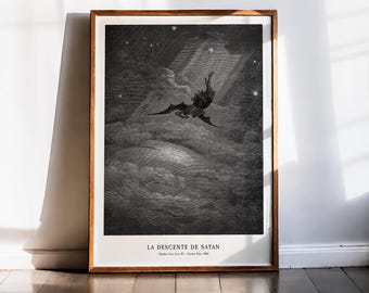 Gustave Dore-tryck, Satans härkomst, Paradise Lost, Luciferkonst, Fallen ängel, Gotisk väggdekor, Mörk akademi, Milton, Kosmos