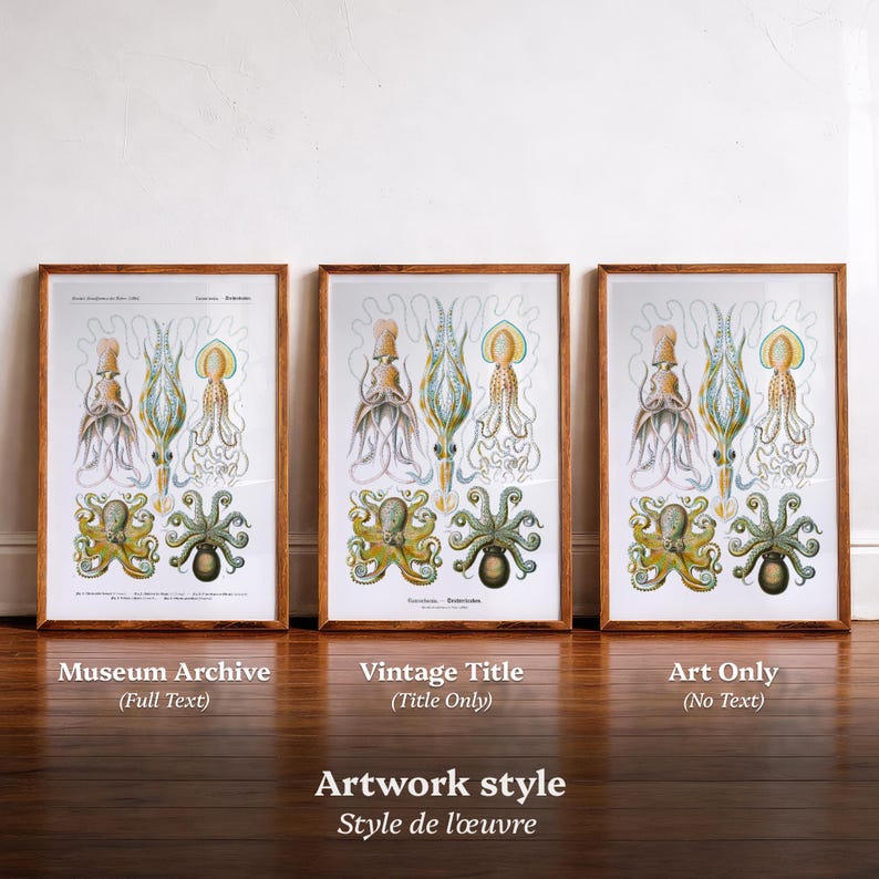 May include: Three framed vintage-style prints featuring detailed illustrations of various octopus species in shades of yellow, blue, and green. The prints are displayed in wooden frames against a white wall and a wooden floor. The text on the bottom says "Artwork style Style de l'&oelig;uvre".