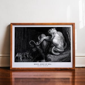 Grabado de Gustave Doré, Minos, juez del infierno, arte del Infierno de Dante, decoración Dark Academia, arte mural de mitología gótica, grabado de demonio, póster macabro