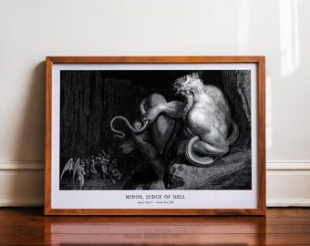 Gustave Dore-tryck, Minos domare i helvetet, Dante Inferno-konst, mörk akademisk dekor, gotisk mytologiväggkonst, demongravyr, makaber affisch