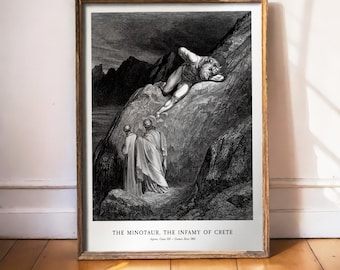 Gustave Dore Minotaur Print, Dantes Inferno Art, Infamy of Crete, Antique Engraving, Dark Academia Decor, Mythological Macabre Art