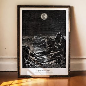 Vintage-Astronomie-Druck, Erde vom Mond aus, Himmlische Wandkunst, Poster der gesamten Erde, Mondlandschaft, Weltraumdekor im Stil der Dark Academia, 1881