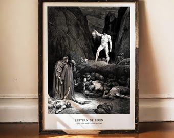 Gustave Dore-tryck, Bertran de Born, Dante Inferno-konst, makaber väggdekor, Dark Academia-affisch, gotiskt konsttryck, gravyr av förbannade själar
