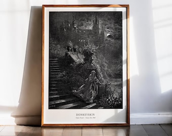 Gustave Dore Donkeyskin Print, Gothic Castle Staircase, Dark Fairy Tale Art, Antique Engraving, Romantic Decor, Dark Academia, 1862
