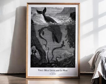 May include: Black and white framed print featuring a whale breaching the ocean's surface, with an underwater scene of sea creatures and a whale. The print includes the text "Vingt Mille Lieues sous les Mers" and is a vintage illustration.