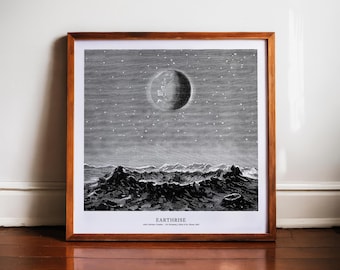 Vintage astronomitryck, jorden från månen, himmelsk väggkonst, rymdgravyr, månlandskap, mörk akademisk dekor, kosmoskonst, jorduppgång