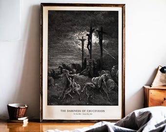 Gustave Dore Crucifixion Print, Darkness of Crucifixion, Dark Academia Decor, Gothic Wall Art, Antique Bible Engraving, Macabre Art, 1866
