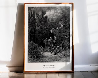 Gustave Dore Yniols ruintryck Castle Dark Academia Art, Arthurian Legend Poster, Medeltida dekor, Idyller av kungen Gravyr Tennyson Art