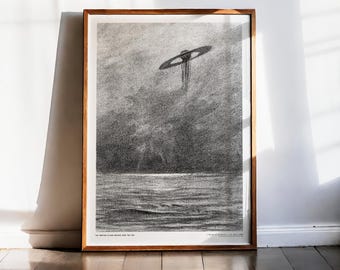 War of the Worlds Print, H.G. Wells, Alvim Correa 1906, Martian Flying Machine Over the Sea, Sci-Fi Antique Illustration, Vintage UFO Art