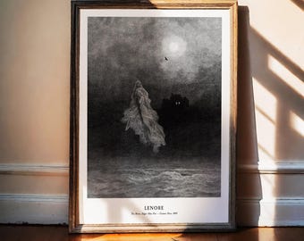 Gustave Dore-tryck, Den förlorade Lenore, Edgar Allan Poe, Korpen, Gotisk romantik, Mörk akademi, Dödskonst, Viktoriansk goth, Eterisk, 1884