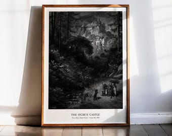 Gustave Dore Puss in Boots Print, The Ogres Castle, Dark Fairy Tale Art, Antique Engraving, Gothic Castle Decor, Macabre Wall Art
