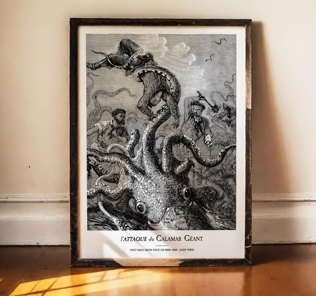 Giant Squid Attack Print, Jules Verne Art, 20000 Leagues Under the Sea ...